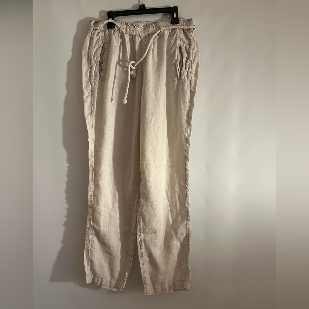 C&C CALIFORNIA 100% LINEN BEIGE NEUTRAL COLOR DRAWSTRING CASUAL WOMEN’S PANTS S